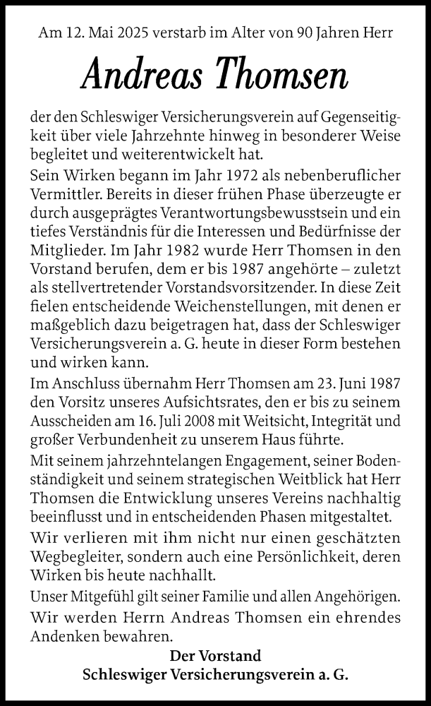  Traueranzeige für Andreas Thomsen vom 24.05.2025 aus Region Flensburg