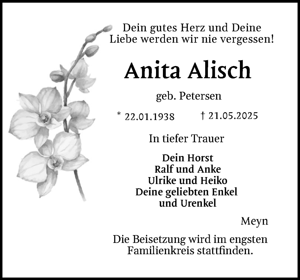  Traueranzeige für Anita Alisch vom 24.05.2025 aus Flensburger Tageblatt