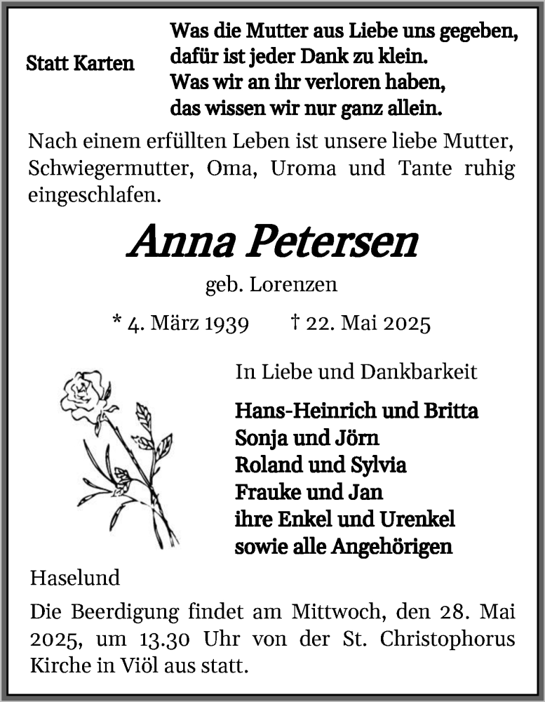  Traueranzeige für Anna Petersen vom 27.05.2025 aus Husumer Nachrichten, Nordfriesland Tageblatt