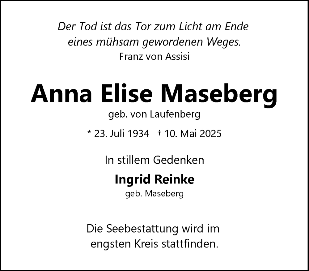  Traueranzeige für Anna Elise Maseberg vom 17.05.2025 aus Ostholsteiner Anzeiger