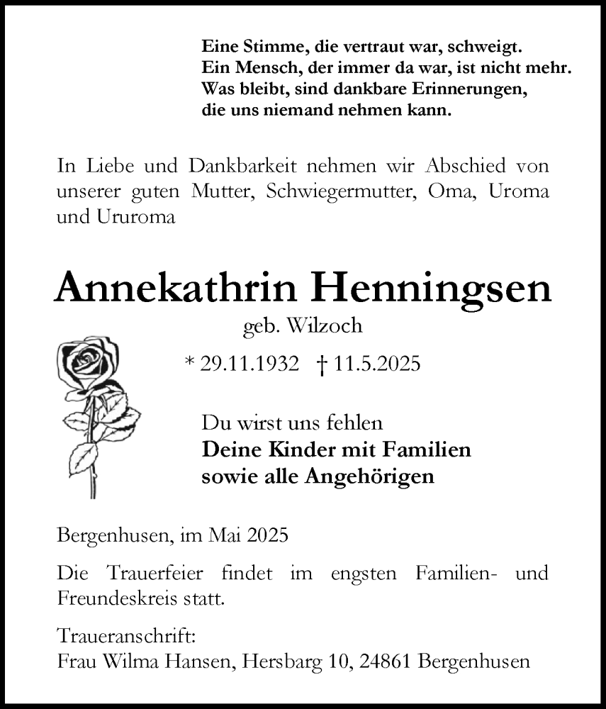  Traueranzeige für Annekathrin Henningsen vom 23.05.2025 aus Schleswig-Holsteinische Landeszeitung