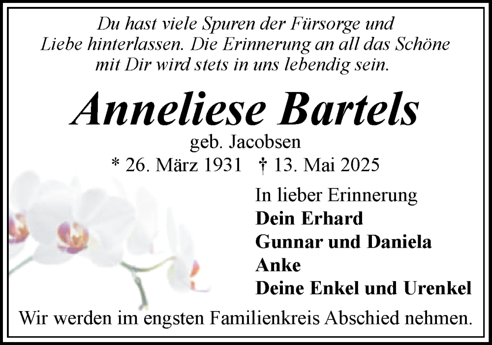  Traueranzeige für Anneliese Bartels vom 17.05.2025 aus Flensburger Tageblatt