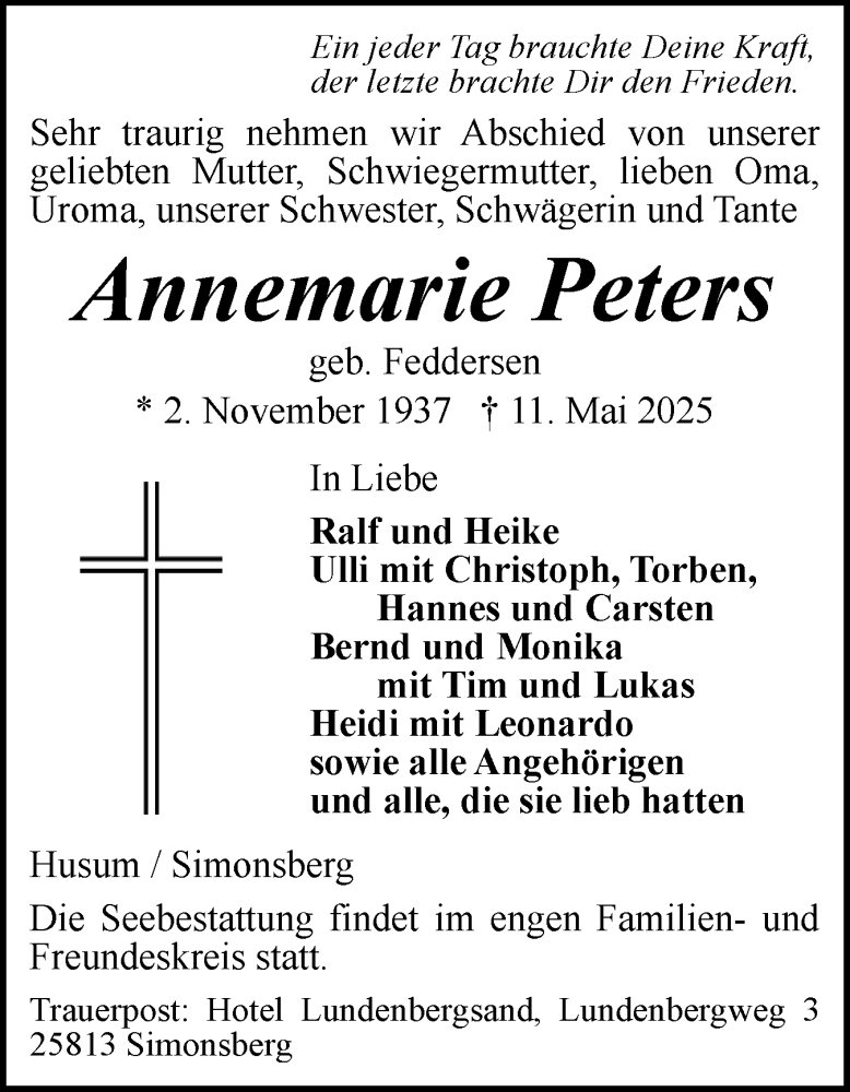  Traueranzeige für Annemarie Peters vom 17.05.2025 aus Husumer Nachrichten, Nordfriesland Tageblatt