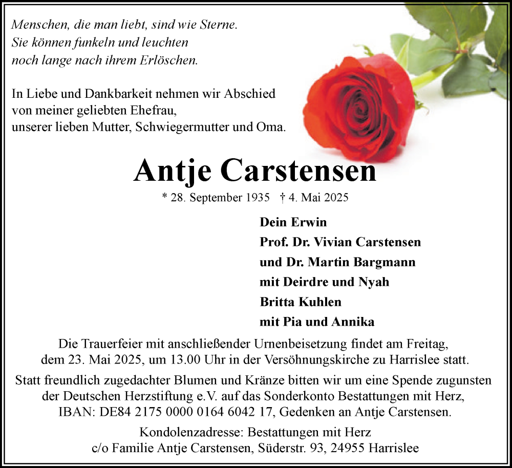  Traueranzeige für Antje Carstensen vom 17.05.2025 aus Flensburger Tageblatt