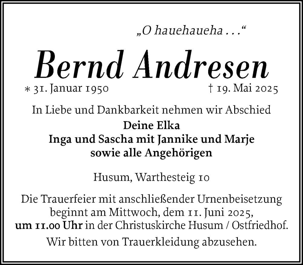 Traueranzeige für Bernd Andresen vom 28.05.2025