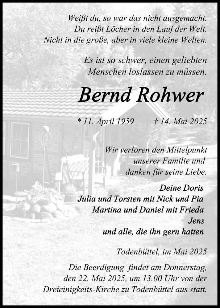  Traueranzeige für Bernd Rohwer vom 17.05.2025 aus Schleswig-Holsteinische Landeszeitung