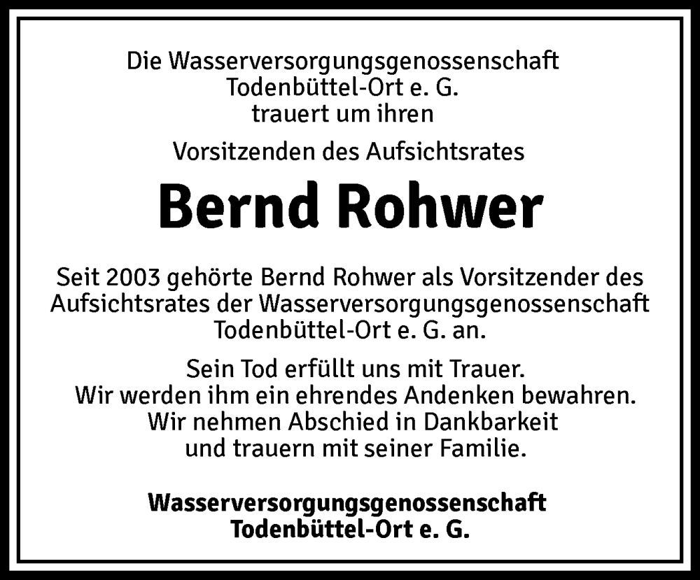  Traueranzeige für Bernd Rohwer vom 22.05.2025 aus Schleswig-Holsteinische Landeszeitung