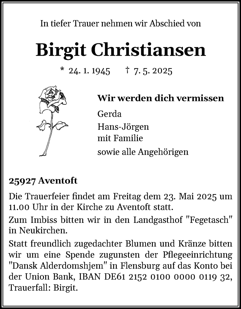  Traueranzeige für Birgit Christiansen vom 16.05.2025 aus Husumer Nachrichten, Nordfriesland Tageblatt