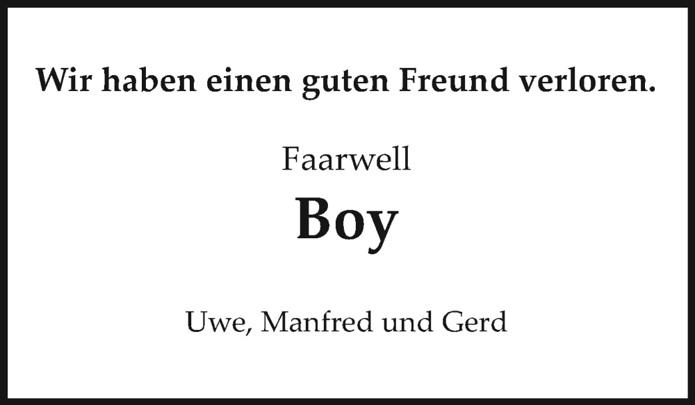  Traueranzeige für Boy  vom 24.05.2025 aus Sylter Rundschau