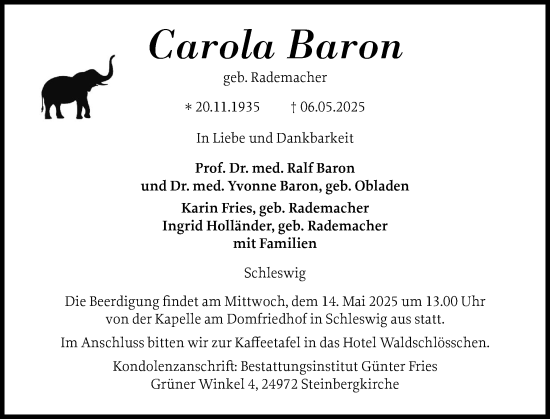 Traueranzeige von Carola Baron von Schleswiger Nachrichten, Schlei-Bote