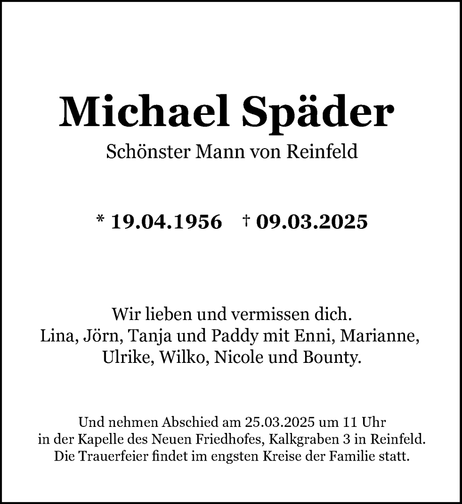  Traueranzeige für Michael Späder vom 22.03.2025 aus MARKT Bad Oldesloe, Stormarner Tageblatt