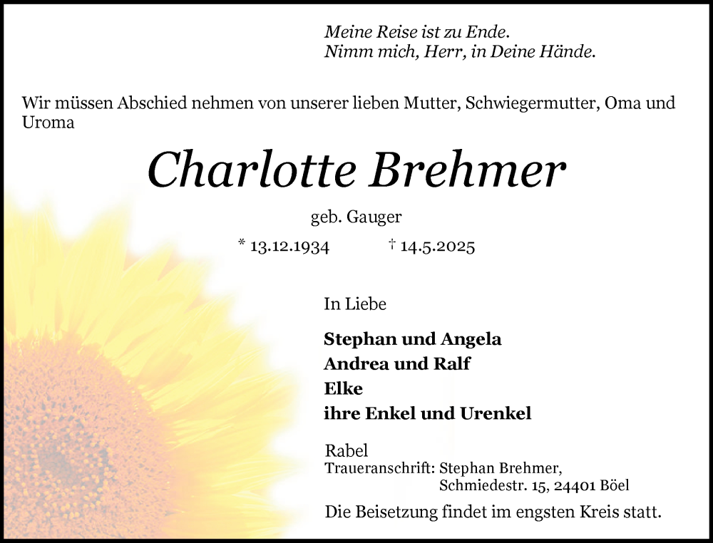  Traueranzeige für Charlotte Brehmer vom 24.05.2025 aus Schleswiger Nachrichten, Schlei-Bote