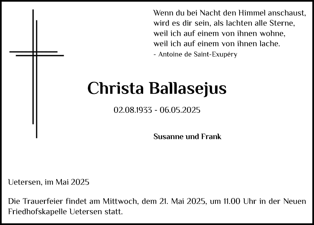  Traueranzeige für Christa Ballasejus vom 17.05.2025 aus Uetersener Nachrichten, Der tip am Wochenende