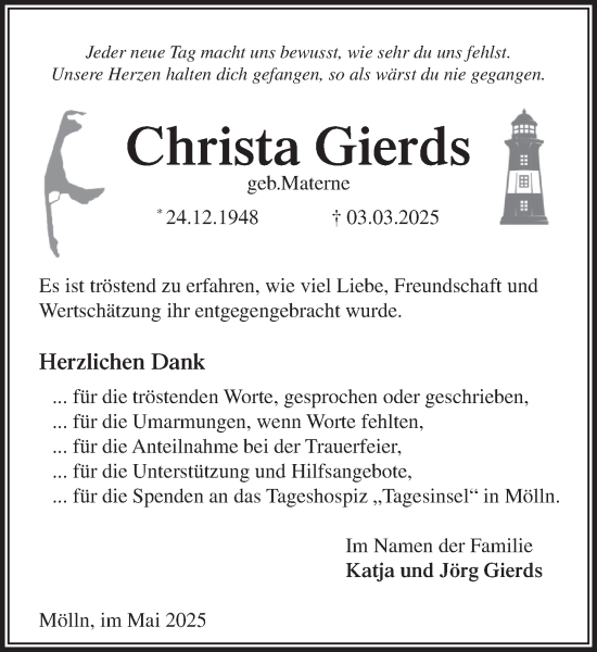 Traueranzeige von Christa Gierds von MARKT Ratzeburg/Mölln