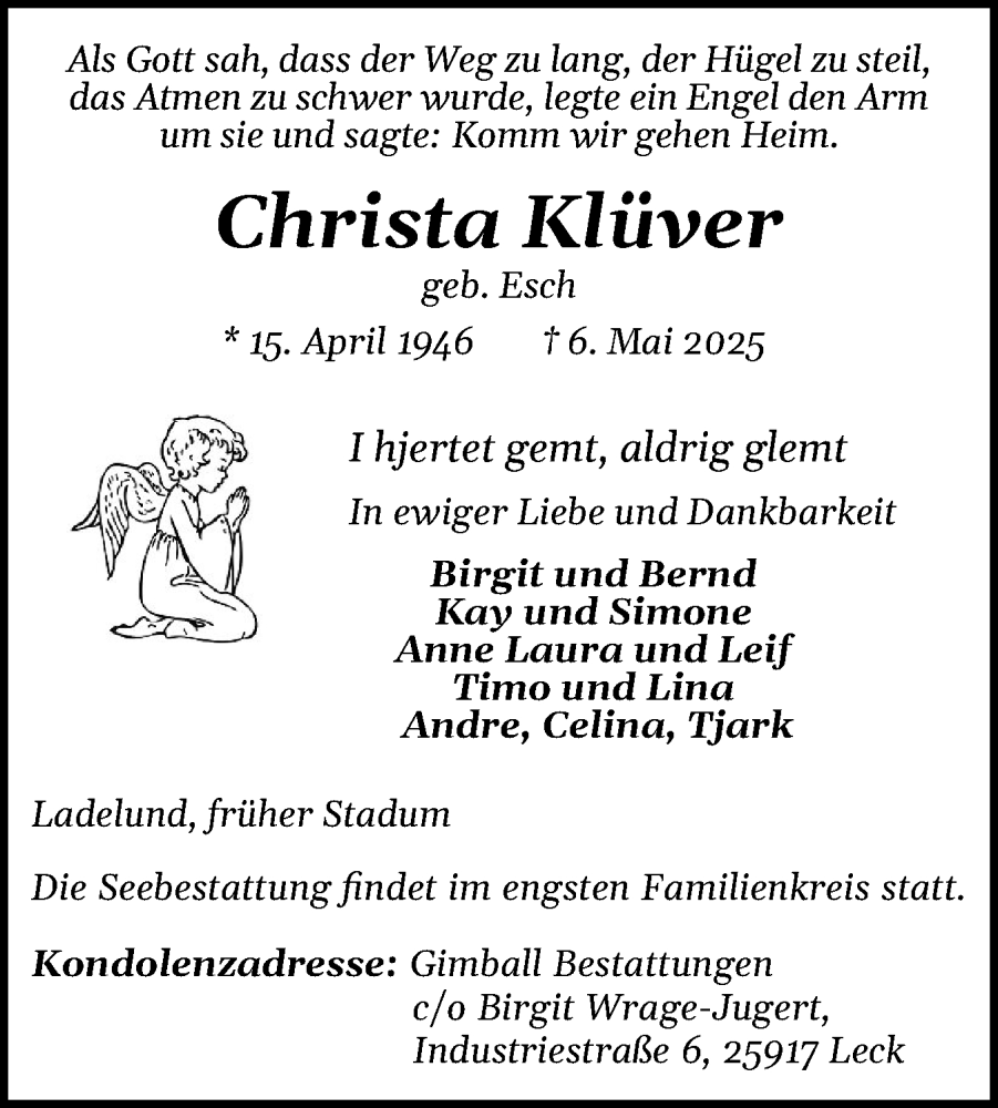  Traueranzeige für Christa Klüver vom 14.05.2025 aus Husumer Nachrichten, Nordfriesland Tageblatt
