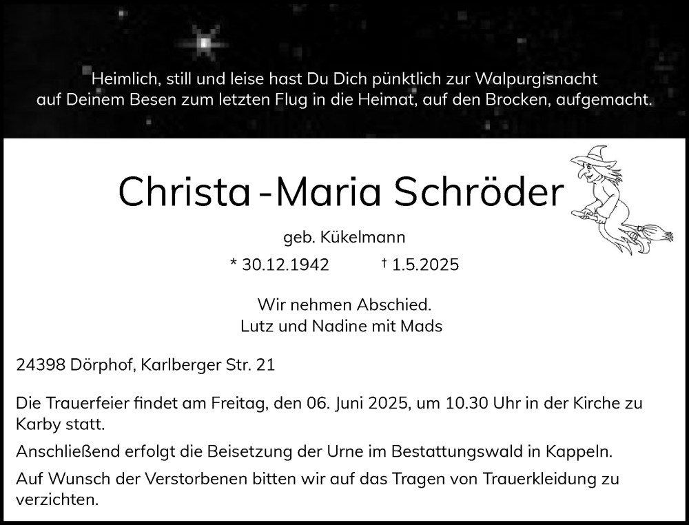  Traueranzeige für Christa-Maria Schröder vom 24.05.2025 aus Schleswiger Nachrichten, Schlei-Bote, Eckernförder Zeitung