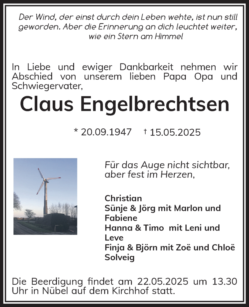  Traueranzeige für Claus Engelbrechtsen vom 20.05.2025 aus Schleswiger Nachrichten, Schlei-Bote