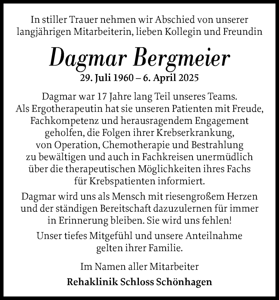  Traueranzeige für Dagmar Bergmeier vom 16.05.2025 aus Schleswiger Nachrichten, Schlei-Bote, Eckernförder Zeitung