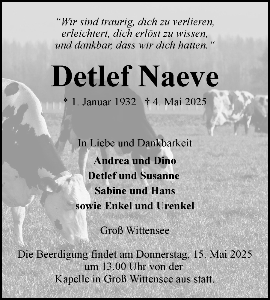  Traueranzeige für Detlef Naeve vom 10.05.2025 aus Eckernförder Zeitung