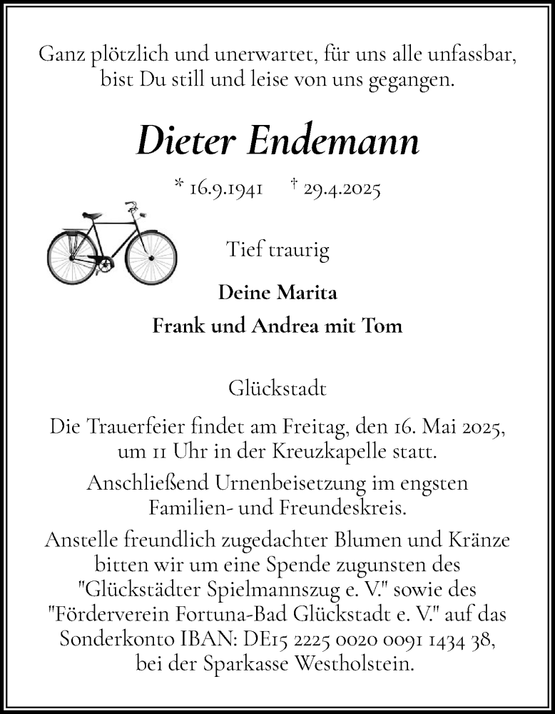  Traueranzeige für Dieter Endemann vom 10.05.2025 aus Norddeutsche Rundschau, Wilstersche Zeitung, Glückstädter Fortuna