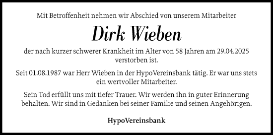 Traueranzeige von Dirk Wieben von Schleswig-Holsteinische Landeszeitung