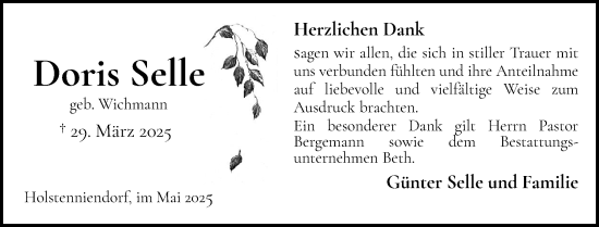 Traueranzeige von Doris Selle von Norddeutsche Rundschau, Wilstersche Zeitung, Glückstädter Fortuna