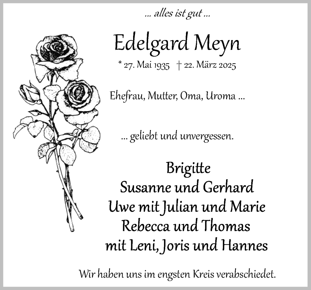  Traueranzeige für Edelgard Meyn vom 17.05.2025 aus Uetersener Nachrichten, Der tip am Wochenende
