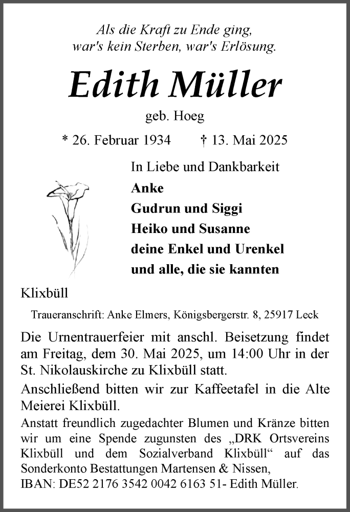  Traueranzeige für Edith Müller vom 17.05.2025 aus Region Flensburg
