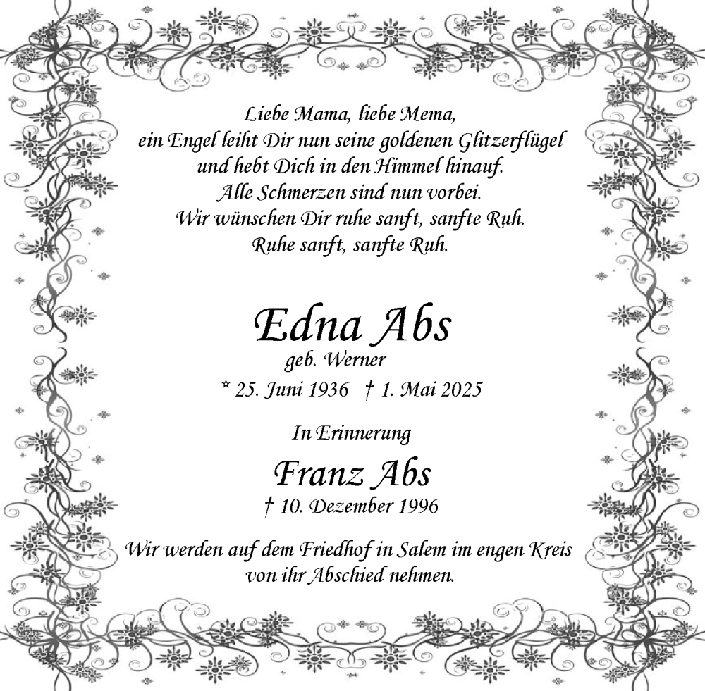  Traueranzeige für Edna Abs vom 17.05.2025 aus MARKT Ratzeburg/Mölln