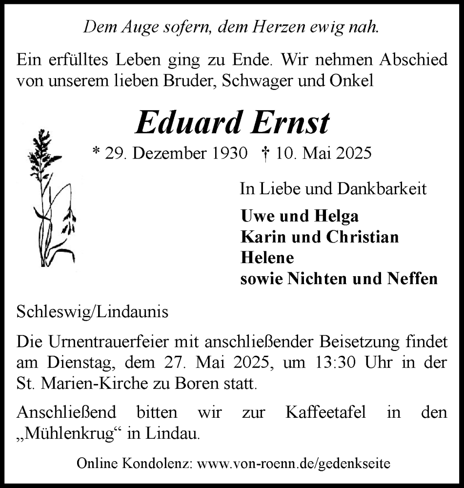  Traueranzeige für Eduard Ernst vom 21.05.2025 aus Flensburger Tageblatt, Schleswiger Nachrichten, Schlei-Bote