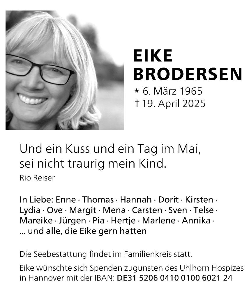  Traueranzeige für Eike Brodersen vom 03.05.2025 aus Husumer Nachrichten, Nordfriesland Tageblatt