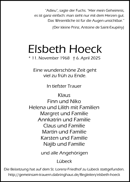 Traueranzeige von Elsbeth Hoeck von Flensburger Tageblatt