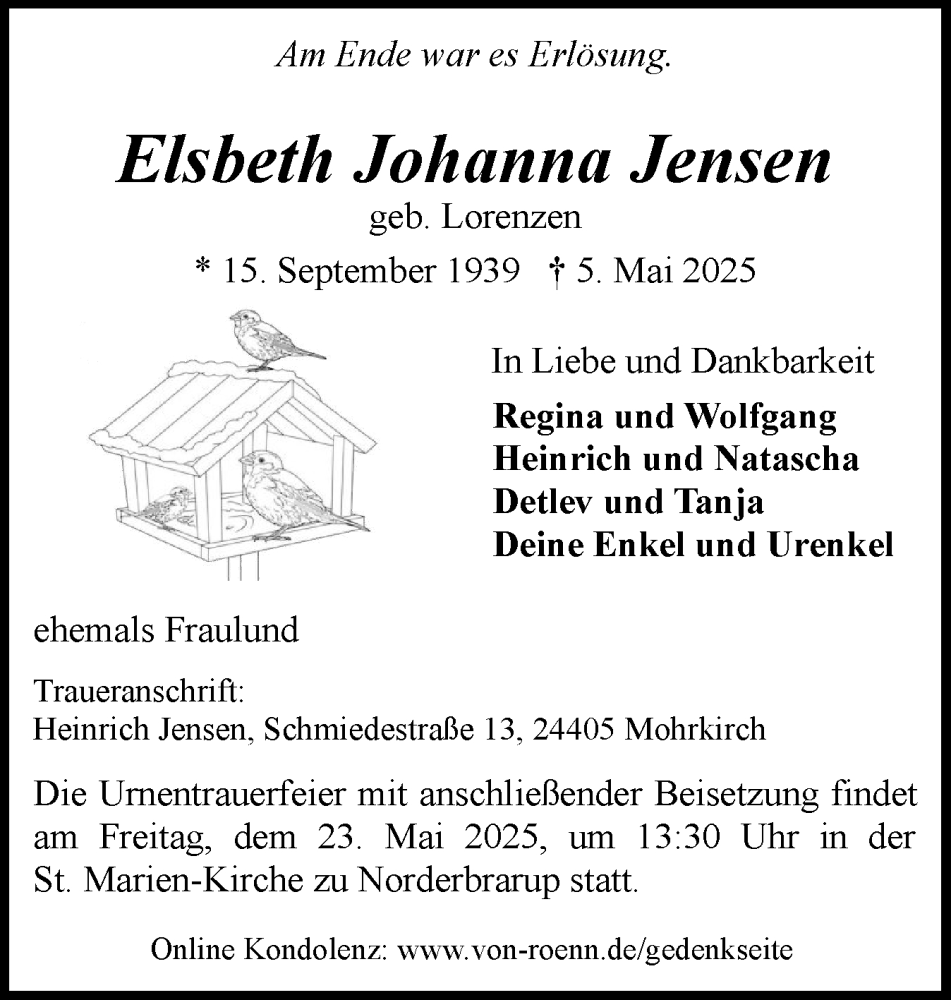  Traueranzeige für Elsbeth Johanna Jensen vom 17.05.2025 aus Schleswiger Nachrichten, Schlei-Bote