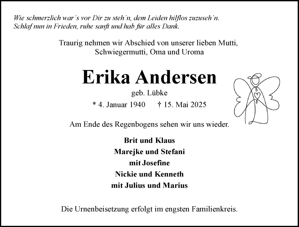  Traueranzeige für Erika Andersen vom 24.05.2025 aus Flensburger Tageblatt
