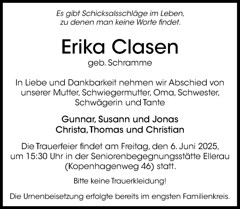  Traueranzeige für Erika Clasen vom 24.05.2025 aus Umschau