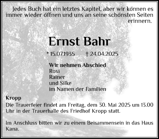 Traueranzeige von Ernst Bahr von Schleswig-Holsteinische Landeszeitung