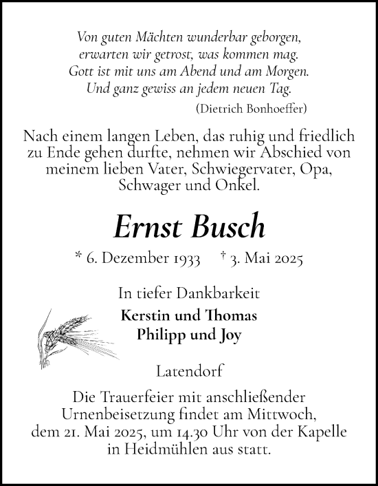 Traueranzeige von Ernst Busch von Holsteinischer Courier