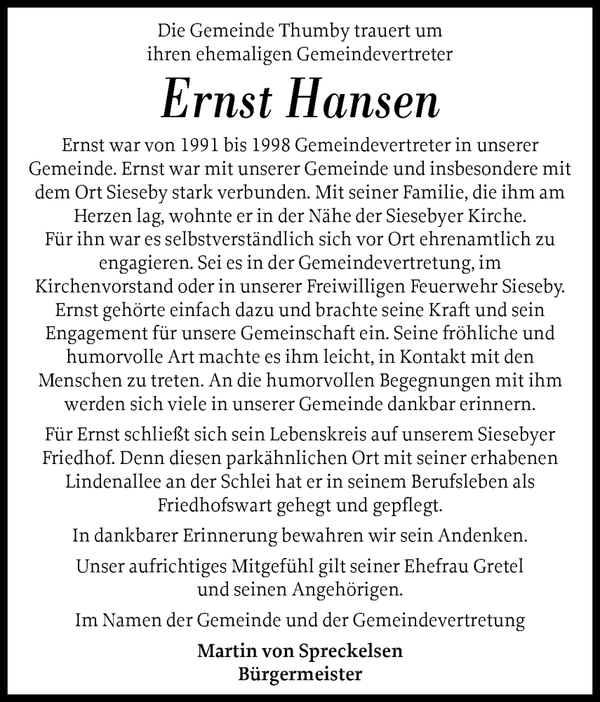  Traueranzeige für Ernst Hansen vom 24.05.2025 aus Eckernförder Zeitung, Hallo Eckernförde