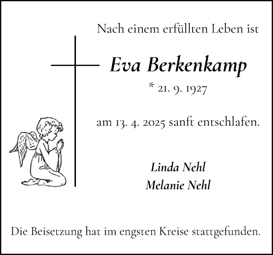 Traueranzeige von Eva Berkenkamp von Elmshorner Nachrichten, Barmstedter Zeitung