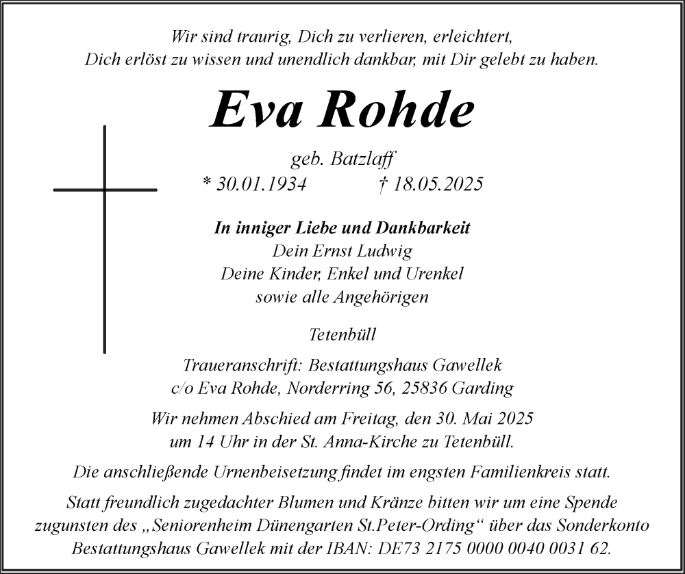  Traueranzeige für Eva Rohde vom 23.05.2025 aus Husumer Nachrichten, Nordfriesland Tageblatt