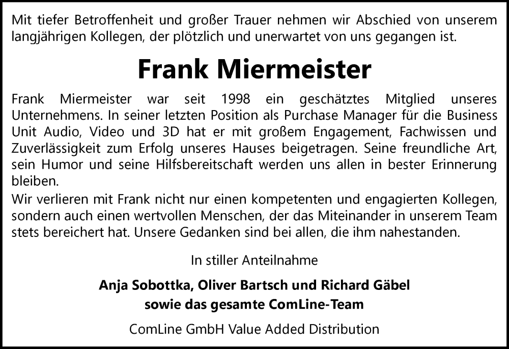  Traueranzeige für Frank Miermeister vom 24.05.2025 aus Flensburger Tageblatt