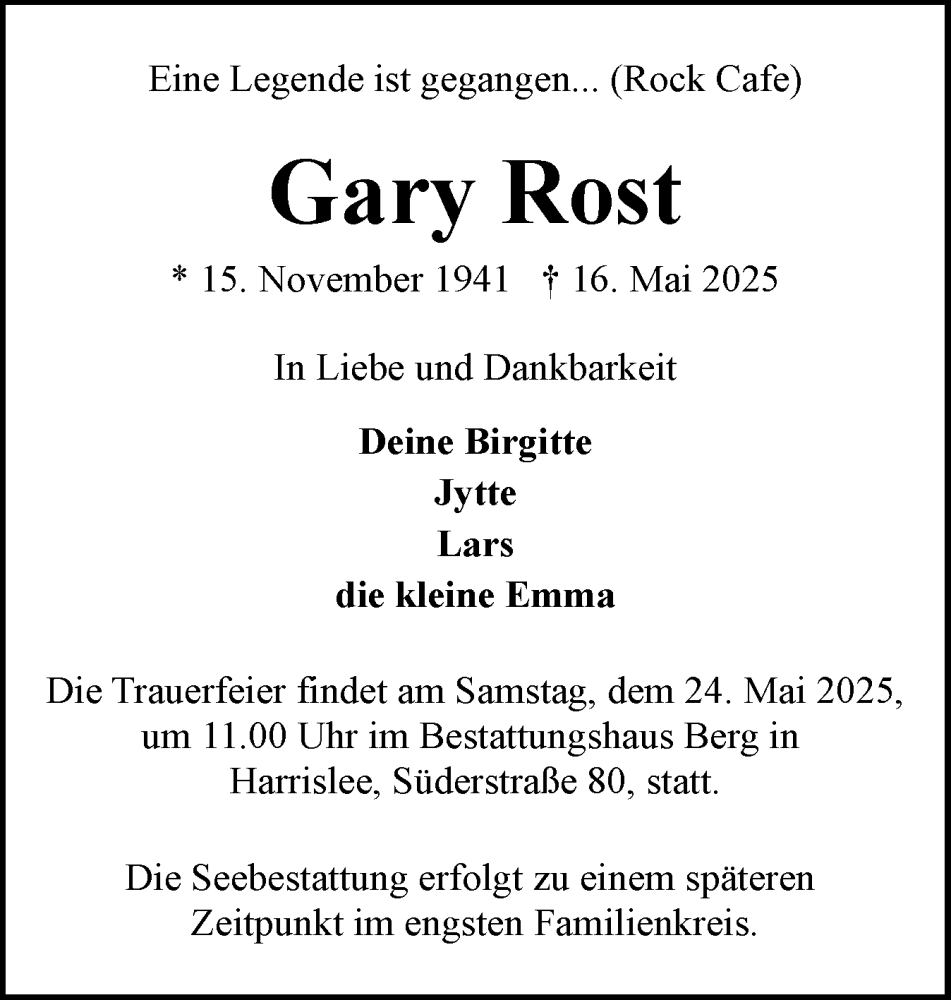  Traueranzeige für Gary Rost vom 21.05.2025 aus Flensburger Tageblatt