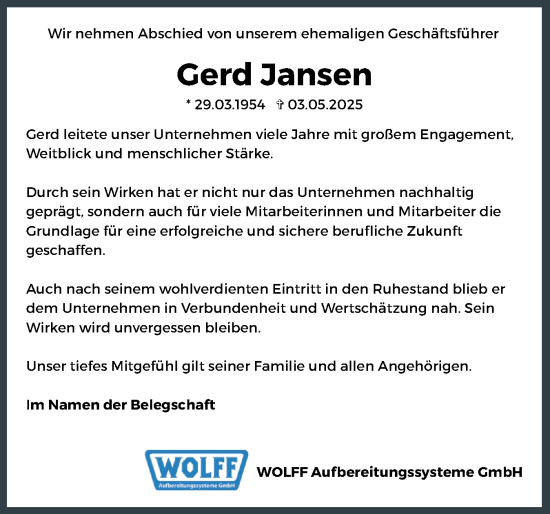 Traueranzeige von Gerd Jansen von Flensburger Tageblatt