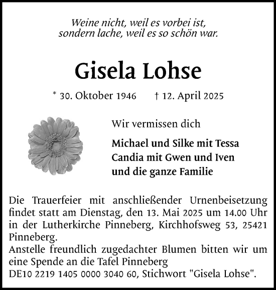 Traueranzeige von Gisela Lohse von Region Pinneberg und tip Pinneberg