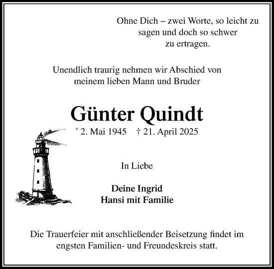 Traueranzeige von Günter Quindt von MARKT Ahrensburg/Bargteheide/Trittau und Stormarner Tageblatt