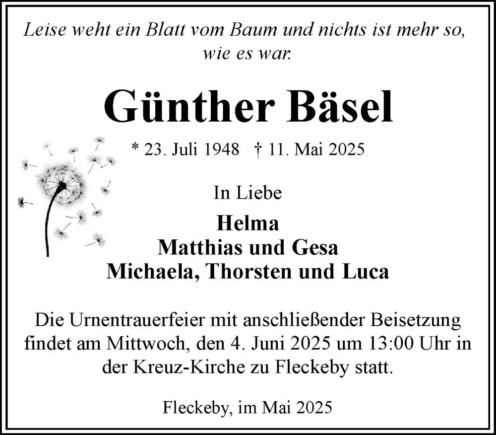 Traueranzeige für Günther Bäsel vom 24.05.2025