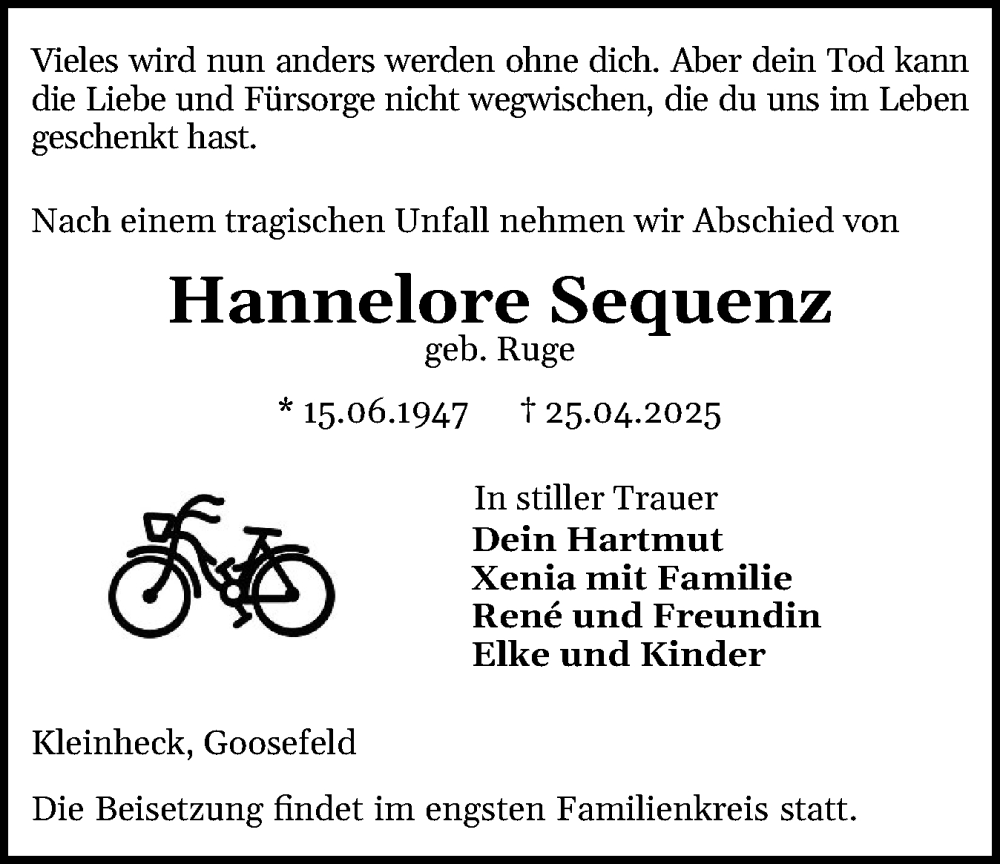  Traueranzeige für Hannelore Sequenz vom 03.05.2025 aus Eckernförder Zeitung, Hallo Eckernförde