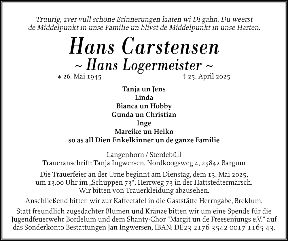  Traueranzeige für Hans Carstensen vom 02.05.2025 aus Husumer Nachrichten, Nordfriesland Tageblatt