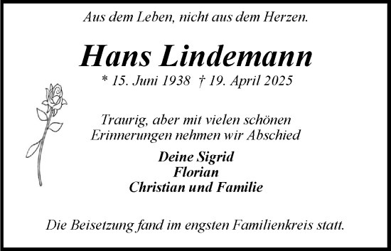 Traueranzeige von Hans Lindemann von Holsteinischer Courier