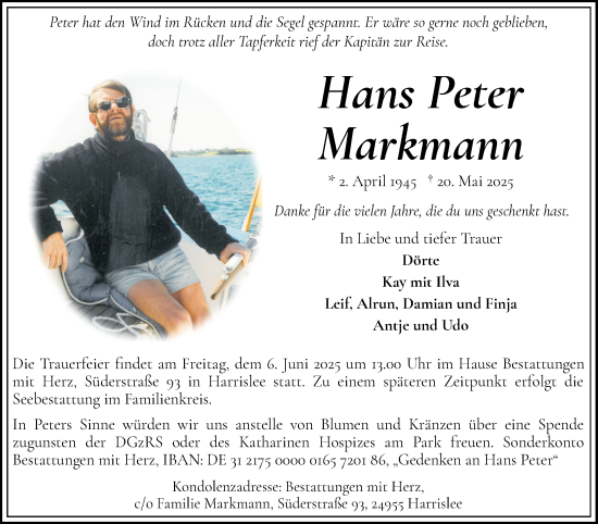 Traueranzeige von Hans Peter Markmann von Flensburger Tageblatt, Schleswiger Nachrichten, Schlei-Bote
